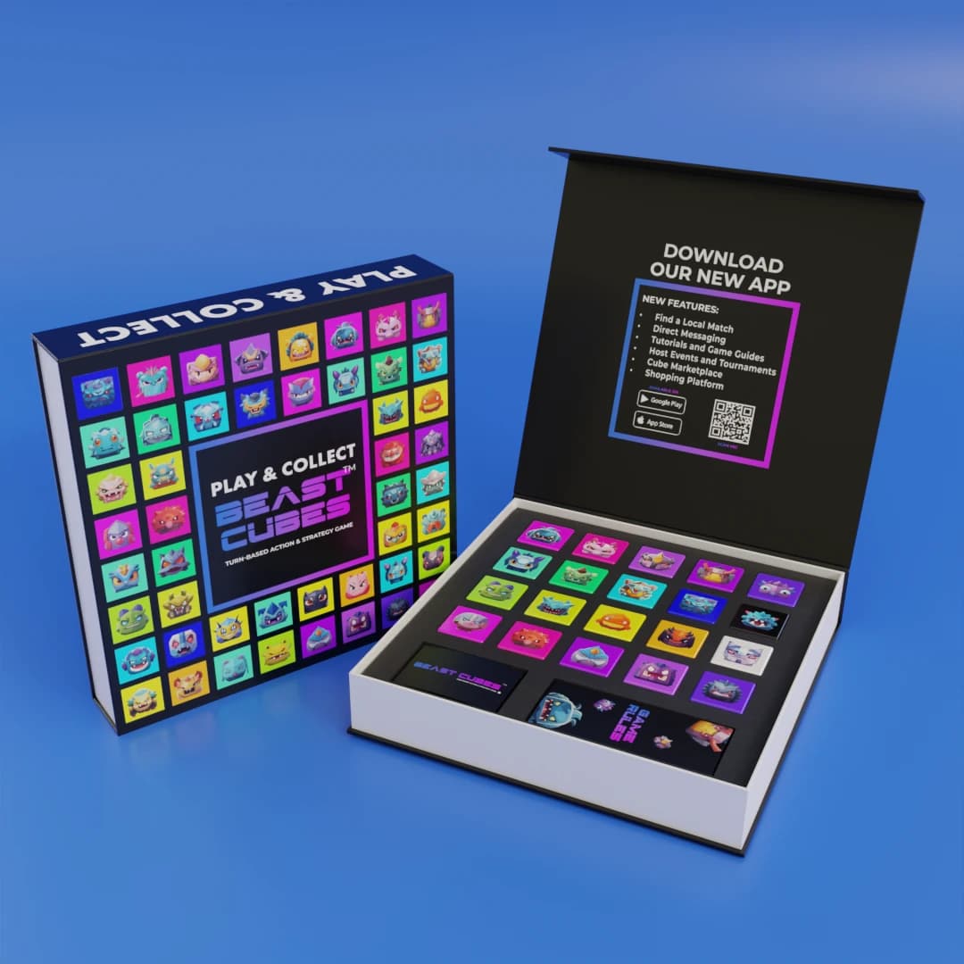 Beast Cubes packaging render showing an open box beside its illustrated outer cover.