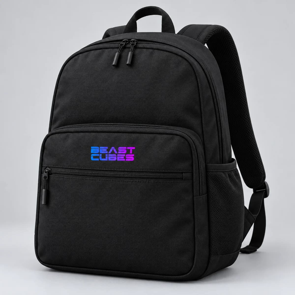 Black Beast Cubes backpack concept with a small gradient logo on the front pocket.