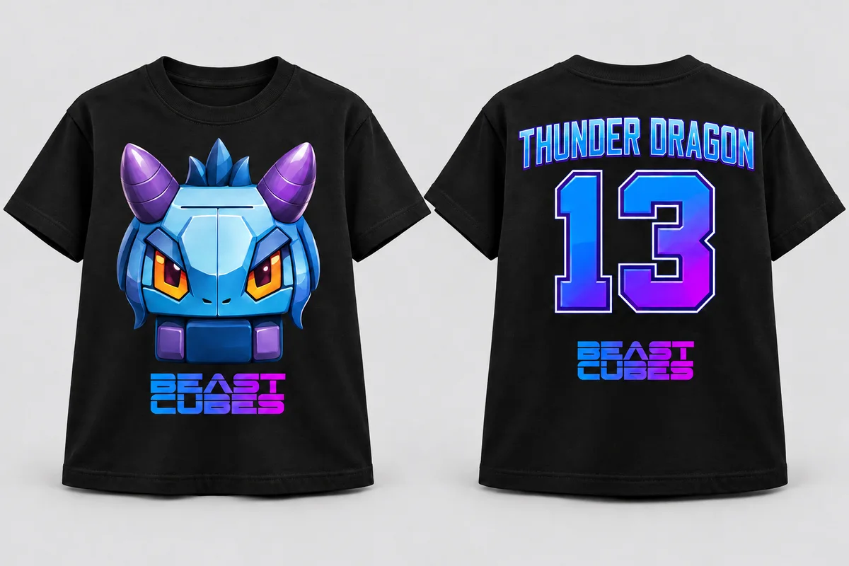 Black Thunder Dragon T-shirt concept with character artwork on the front and Thunder Dragon, number 13 and Beast Cubes branding on the back.