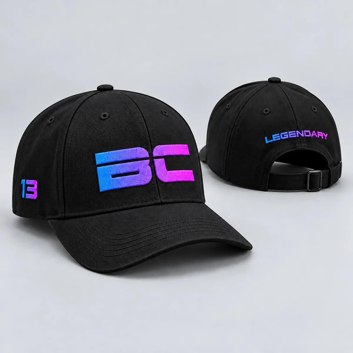 Black Beast Cubes cap concept, front and back views, with a blue-to-magenta BC logo on the front, number 13 on the side, and Legendary across the back.