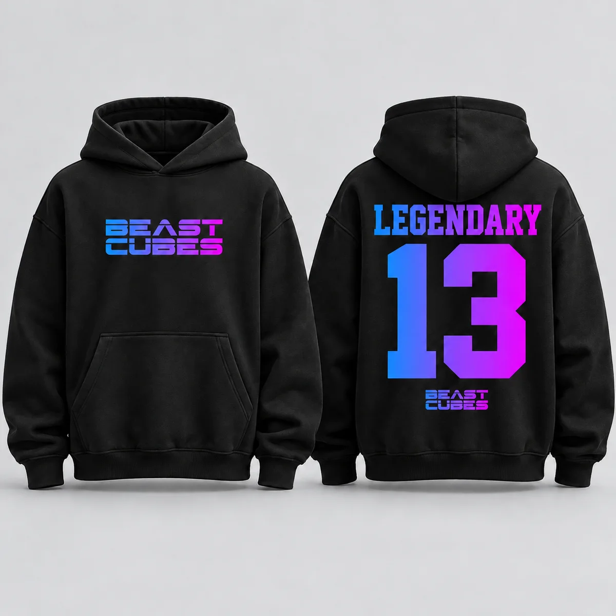 Black Beast Cubes hoodie concept, front and back, with blue-to-magenta branding and Legendary 13 back artwork.